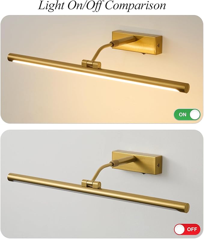 Picture Lights for Wall Battery Operated,24 Inch Wireless Rechargeable Art Lights for Pictures,3CCT Dimmable Retractable Painting Light with Remote & Timer,Glare-Free for Gallery Light,Gold