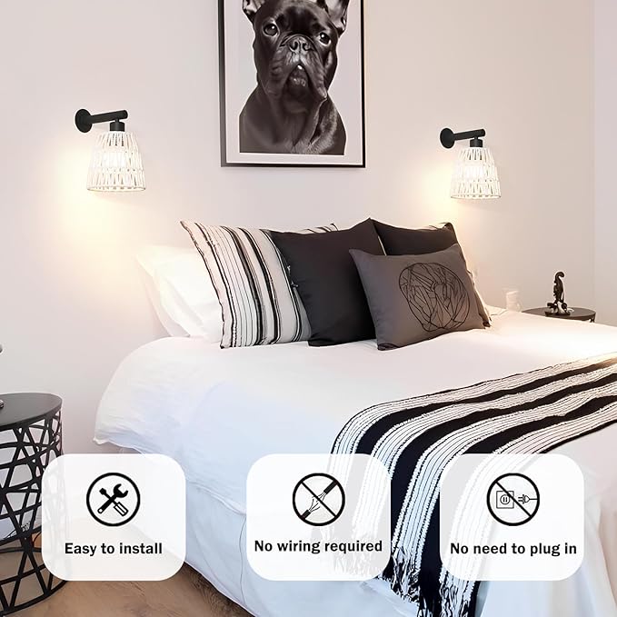 Boho Battery Operated Wall Sconce Set of 2, White Rattan Rechargeable Wall Lights with Dimmable Bulbs and Remote,15 Colors Wireless Wall Lamps for Bedroom Living Room Hallway Decor