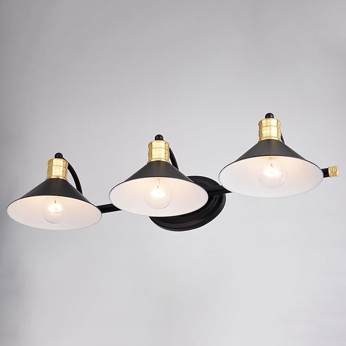 VAXCEL Akron 3-Light 28 inch Wide Matte Black and Natural Brass Industrial Bathroom Vanity Lighting Fixture, Metal Shade, Dimmable, LED Compatible, Over The Mirror Mounted Steel Wall Sconce