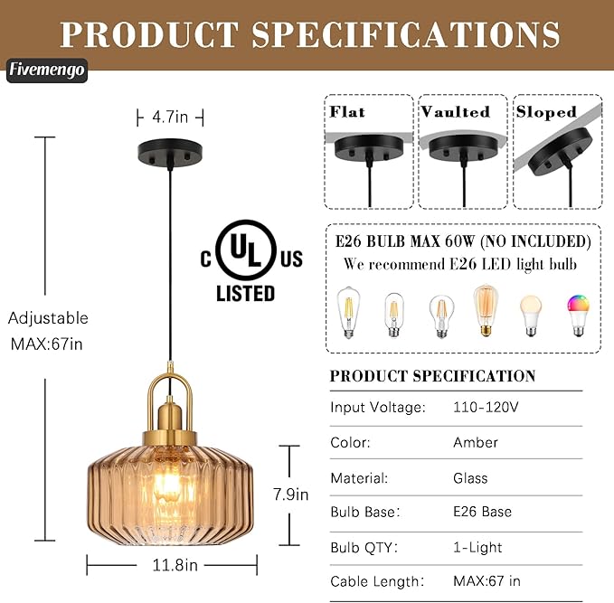 11.8in Mid Century Modern Amber Glass Pendant Light Fixture, Large Gold Kitchen Island Pendants Light Glass Ceiling Hanging Lamp for Foyer Dining Room Bedroom Entryway Hallway Over Sink
