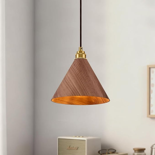 1 Pack Wood Pendant Lights Kitchen Island, 8.3” Modern Pendant Light, Adjustable Height Brushed Gold Hanging Light Fixtures, Island Lights for Dining Room, Bedroom, Hallway, Bar(Walnut)