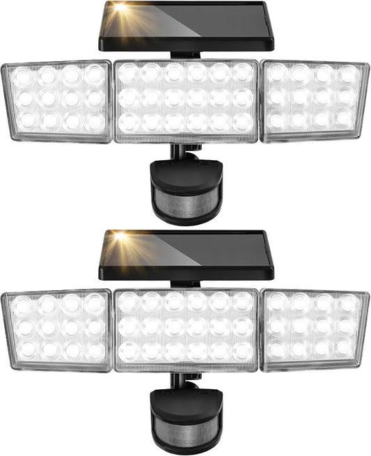 Solar Lights Outdoor, 3500LM 168 LED Motion Sensor Solar Flood Lights, 3 Heads 300° Wide Angle, 3 Modes IP65 Waterproof Solar Security Lights for Yard Garden Patio, 2 Pack (Black)