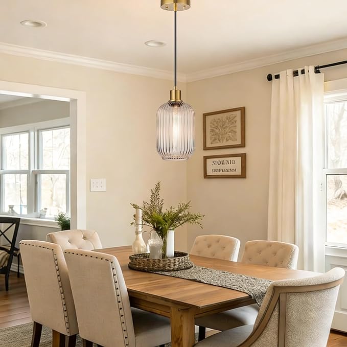 2 Pack Clear Cylinder Pendant Lights Kitchen Island with Ribbed Lampshade, Brushed Gold Hanging Light Fixture, Adjustable Pendant Lighting for Kitchen Island Sink Dining Room (Bulbs Not Included)