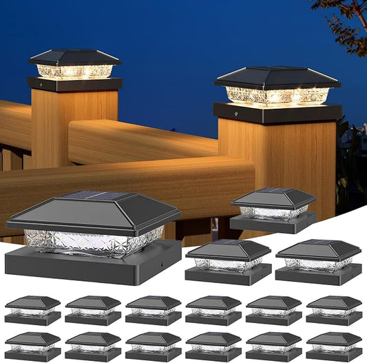 NIORSUN Solar Post Lights Outdoor, Fence Post Solar Lights Warm White, Waterproof, Garden Patio Fence Deck Decor, 4x4 Posts Cap Wood Vinyl, Black 16 Pack