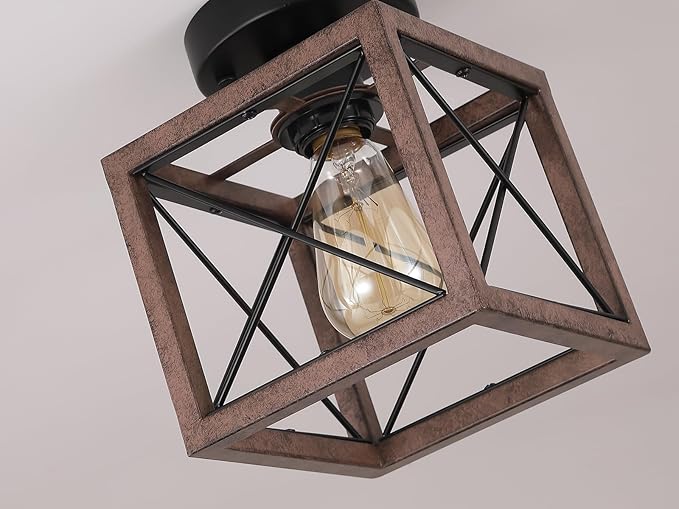 Rustic Farmhouse Metal Flush Mount Ceiling Light Fixture Antique Oak Hexagon Cage Small Semi Flush Mount Ceiling Light for Kitchen Hallway Entry Bedroom Country Farmhouse, Black