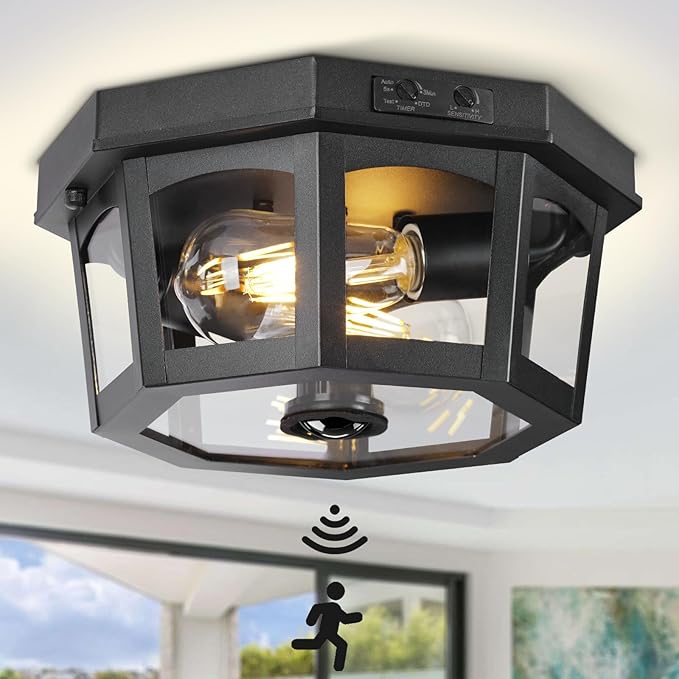 Outdoor Ceiling Light Fixture, Motion Sensor Flush Mount Porch Lights, Exterior Dusk to Dawn Lamp with Activated Detector, Modern Waterproof Lighting for Garage, Entryway, Patio, Front Door
