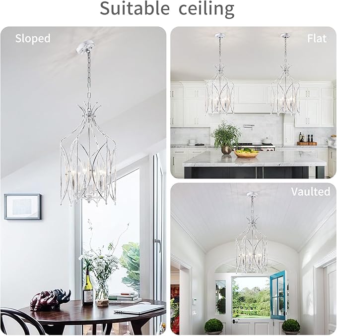 WUZUPS Lantern Pendant Chandelier Rustic Metal Cage Light Modern Lighting Fixture for Kitchen Diningroom Bathroom Livingroom, H 25.4" x W 14.2", E12 Base, Anqitue Whiute