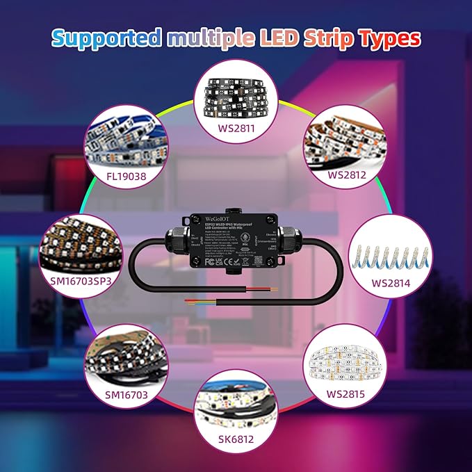 Waterproof ESP32 WLED Controller with Mic , Project for Pool Boat Landscape Outdoor Lights IP65 Dynamic RGB IC DIY Lighting WiFi APP Control for WS2812B DC5-24V RGBW LED Controller (1 Channel)