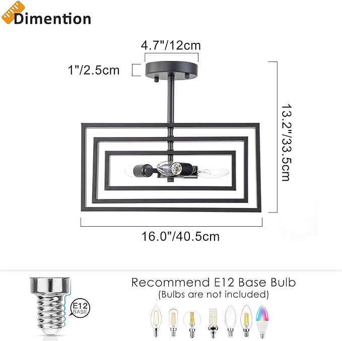 Modern Semi Flush Mount Ceiling Light, 3-Light Black Geometric Square Close to Ceiling Light Fixture, E12 Base Farmhouse Lighting for Hallway Foyer Bedroom