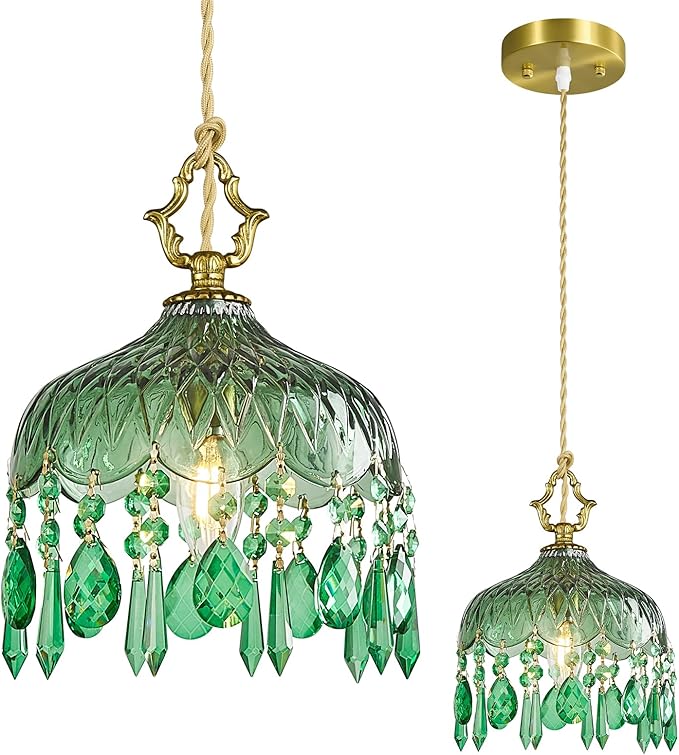 Brass Vintage Pendant Light Green Crystal Hanging Light Fixtures,Adjustable Height Green Glass Pendant Lights for Kitchen Island Dining Room Living Room Bedroom Hallway(Green,1-Pack)