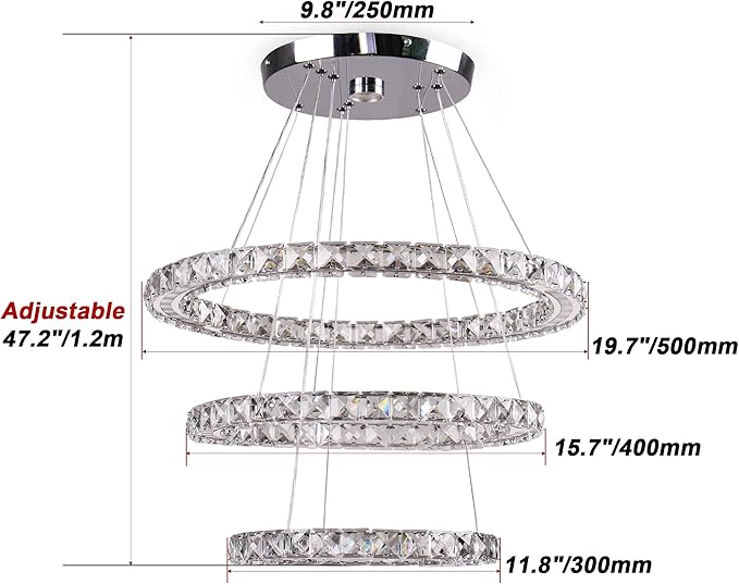 CXGLEAMING LED Chandeliers Modern Ceiling Light Fixture 3 Rings Adjustable Crystal Pendant Light Fixture Ceiling Hanging for Living Room Dining Room Bedrooms Hall 250mm Base 209 Crystals (Cool White)