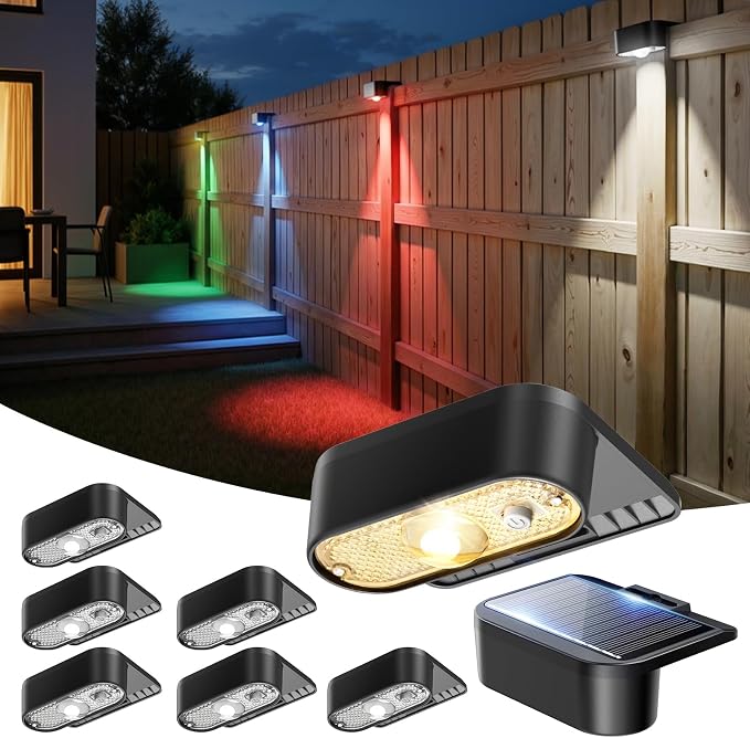 JOFIOS Solar Deck Lights Outdoor 8 Pack, Solar Fence Lights Waterproof IP44, 9 Fixed Colors ＆ Color Changing LED Step Light for Outside, Patio, Stair, Garden, Yard, Railing, Front Porch, Balcony Decor