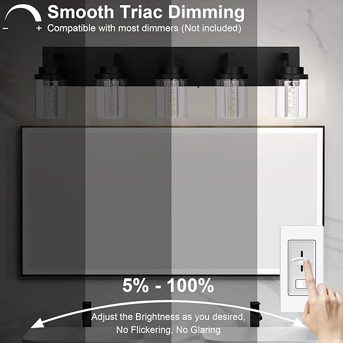 MELUCEE Black Vanity Lights for Bathroom, 5CCT Dimmable LED Bathroom Lights with Bubble Crystal and Clear Glass Shade, LED Vanity Light Bar Above Mirror Kitchen Sink, Built-in Led Chips, 25W
