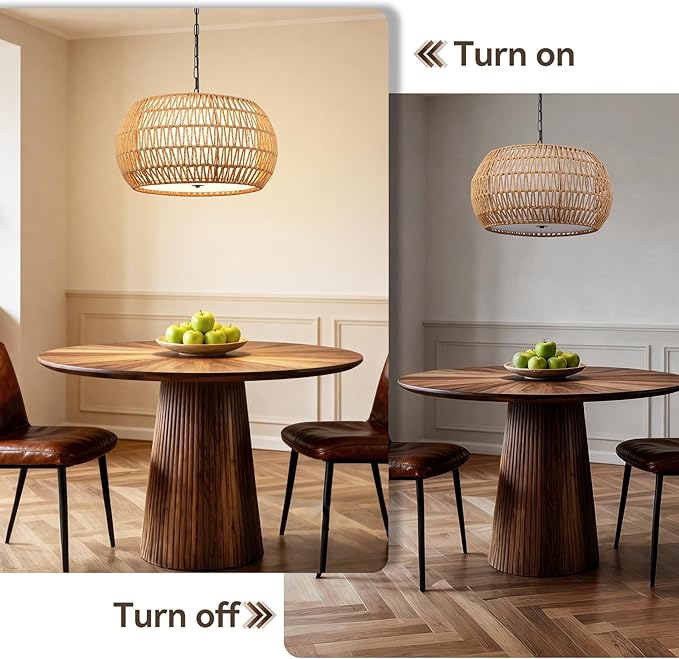 5-Light Farmhouse Rattan Chandelier with Fabric Shade, 19" Large Woven Wicker Pendant Light for Dining Room, Bedroom & Living Room, Hand Woven Wicker Fixture (No Bulbs)