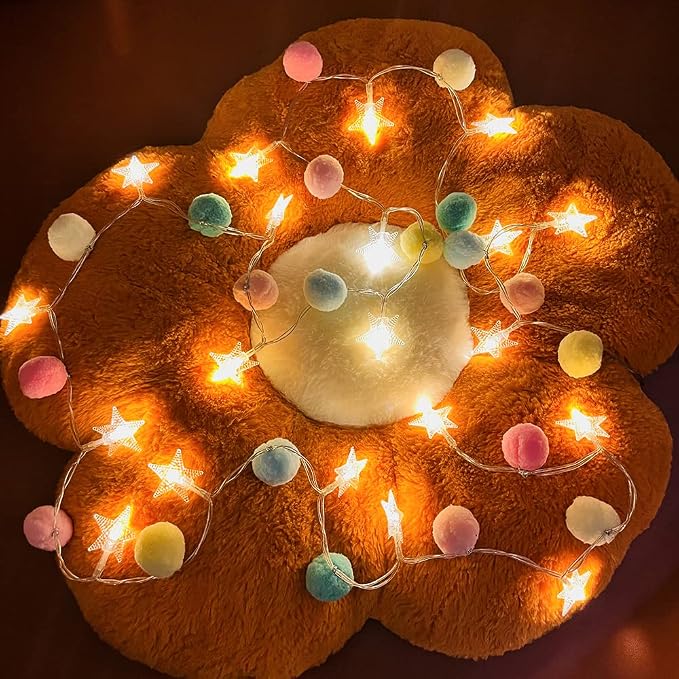 ChiRee Indoor String Lights 6.56 Feet Pom Poms Star Lights 20 LED Battery Operated String Fairy Lights Warm White Star Lights Colorful Decor Lights for Home Bedroom Kids Playhouse Holiday Christmas