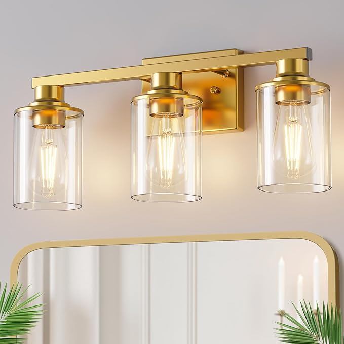 DORESshop 17 Inch Bathroom Light Fixtures, 3-Light Brushed Gold Bathroom Lighting Fixtures Over Mirror with Clear Glass Shade, Vanity Lights for Living Room Bedroom