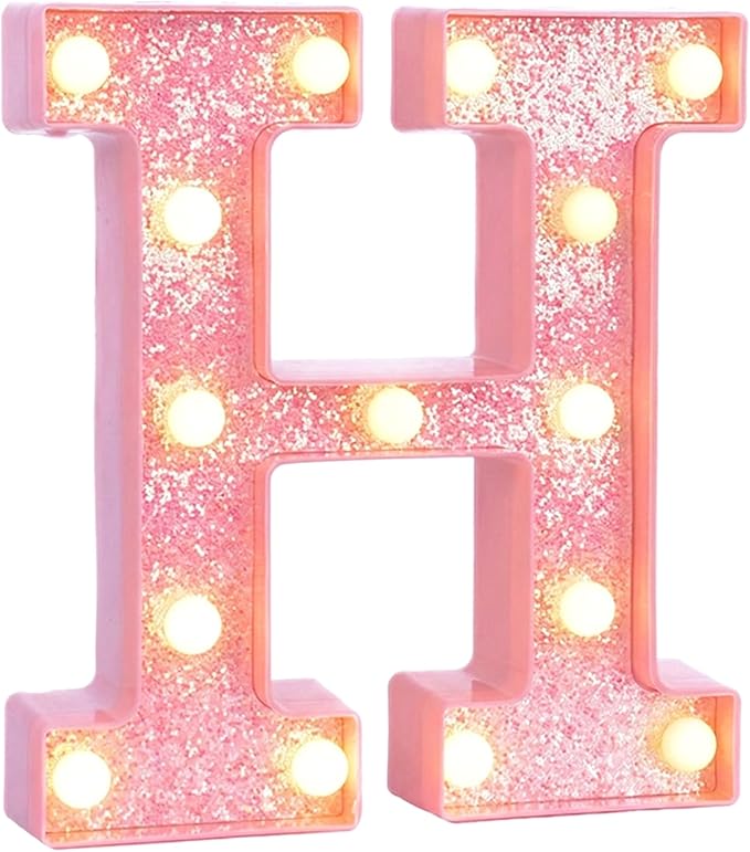 Pink Marquee Light Up Letters, Glitter Alphabet LED Letter Lights for Pink Birthday Party Decorations, Battery Operated Letter Sign for Girls Room Vanity Table Decor, Warm White Lights Letter H