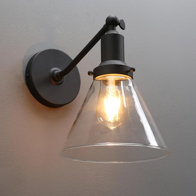 PERMO Industrial Vintage Slope Pole Wall Mount Single Sconce with Funnel Flared Clear Glass Shade Wall Sconce Light Lamp Fixture (Matte Black)