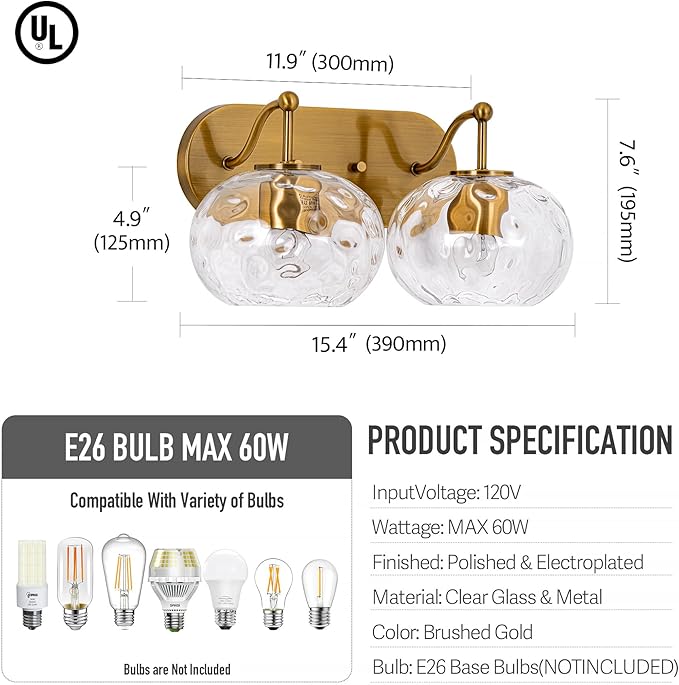 Brushed Gold Vanity Light Clear Hammered Glass Wall Sconce 2-Light Brass Wall Lamp for Hallway Living Room Stairwell Bathroom Over Mirror