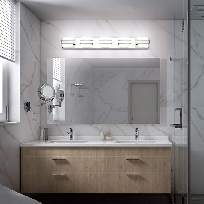 SOLFART Chrome 5 Light Bathroom Vanity Lights Over Mirror, Modern Chrome Bathroom Light Fixtures LED Lights Dimmable