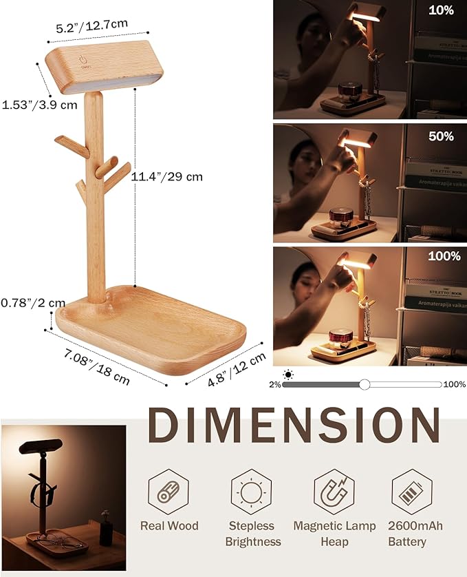 Wooden Table Lamp, Tree Trunk Rechargeable LED Desk Lamp with Organizer and Magnetic 360° Rotating Night Light for Bedside, Dorm Room or Living Space (Beech)