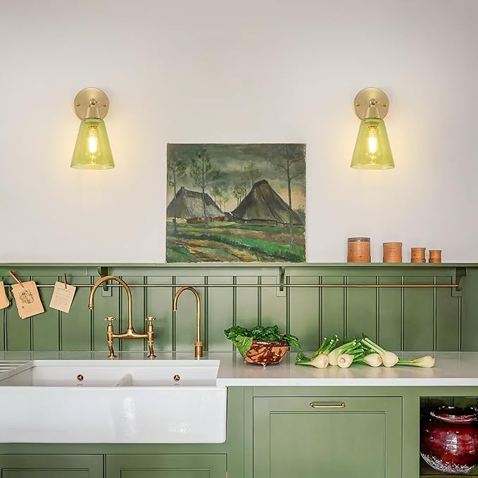 MWZ Gold Wall Sconce Decor Set of 2,Modern Brushed Brass Sconces Lighting with Green Glass Shade,Bathroom Light Fixtures Over Mirror,Vanity Lights Over Sink,Indoor Wall Mount Adjustable Angle Lamp