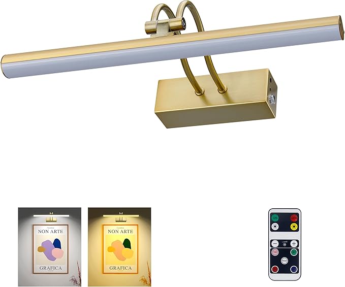 RAIFOOLLY Picture Light, 16inch Cordless Picture Lights for Wall with Timer and Dimmable, Battery Operated Wall Lights for Display Gallery Painting Art Frame Portrait, Metal, Dual Color Temperature