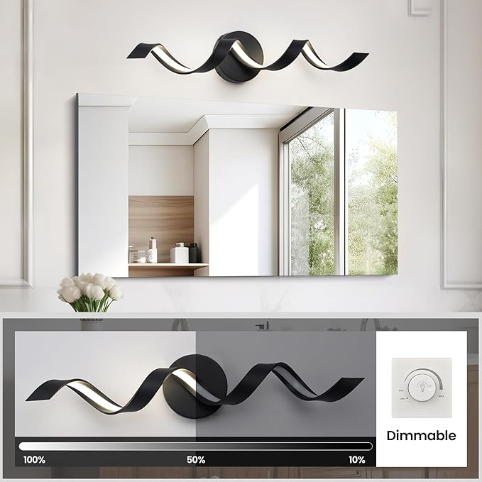 LED Modern Bathroom Vanity Light Fixtures, 24 inch Matte Black Wall Lamp Bedroom 4000K, Spiral Design Wall Sconce for Mirror, Living Room, Bedroom, Hallway 15W