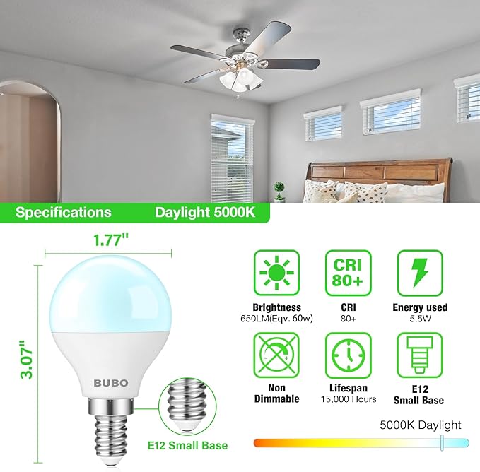 BUBO Ceiling Fan Light Bulbs 60 Watt Equivalent, E12 LED Bulb Daylight 5000K, Small Base LED Light Bulbs, Light Bulbs for Ceiling Fan 120V, Candelabra Base LED Light Bulbs 5.5W, Non-Dimmable, 6 Pack