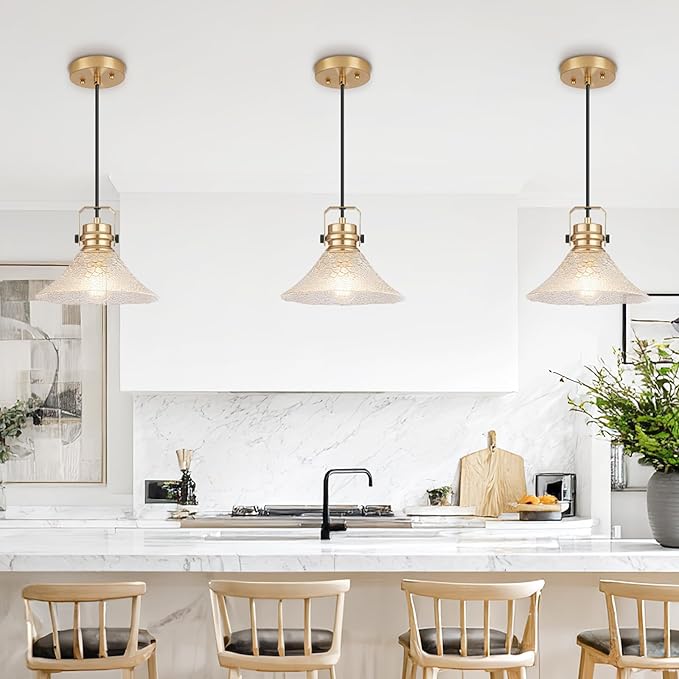 Glass Pendant Lights Kitchen Island 3 Pack Pendant Light Fixtures with Wave Glass Modern Adjustable Hanging Light for Kitchen Sink Dining Room Bedroom