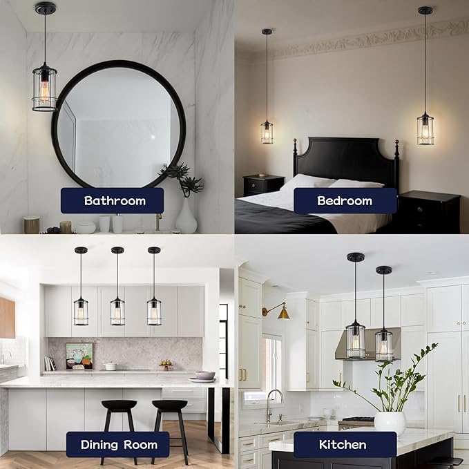 AKEZON Pendant Lights, Black Hanging Light Fixtures Kitchen Island 2 Pack with Clear Glass, Modern Industrial Cage Pendant Lighting for Kitchen Dining Room Entryway Bathroom