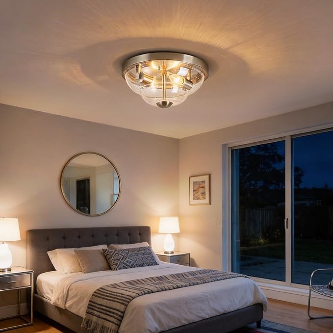Flush Mount Ceiling Light Fixtures, 2-Light Ceiling Mount for Farmhouse with Seeded Glass Lampshade, Industrial Flush Mount Light Fixture Farmhouse for Hallway, Kitchen, Entryway,Bedroom
