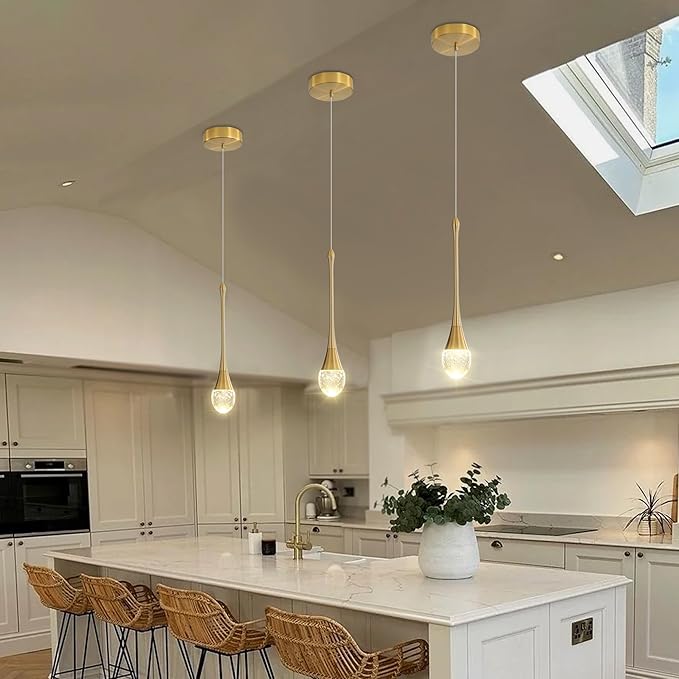 ykolupty Modern Crystal Pendant Light LED Dimmable Crystal Ceiling Pendant Lighting for Kitchen Island Dining Room Hallway Bedroom (Gold 3 Pack)