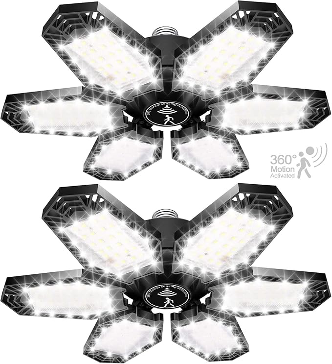 TANBABY 2 Pack LED Garage Lights with Motion Sensor, 150W Deformable Garage Light Bulb, Total 30000LM 6500K Daylight, 6 Adjustable Panels, E26/E27 Screw-in Ceiling Light for Basement, Gift for Men