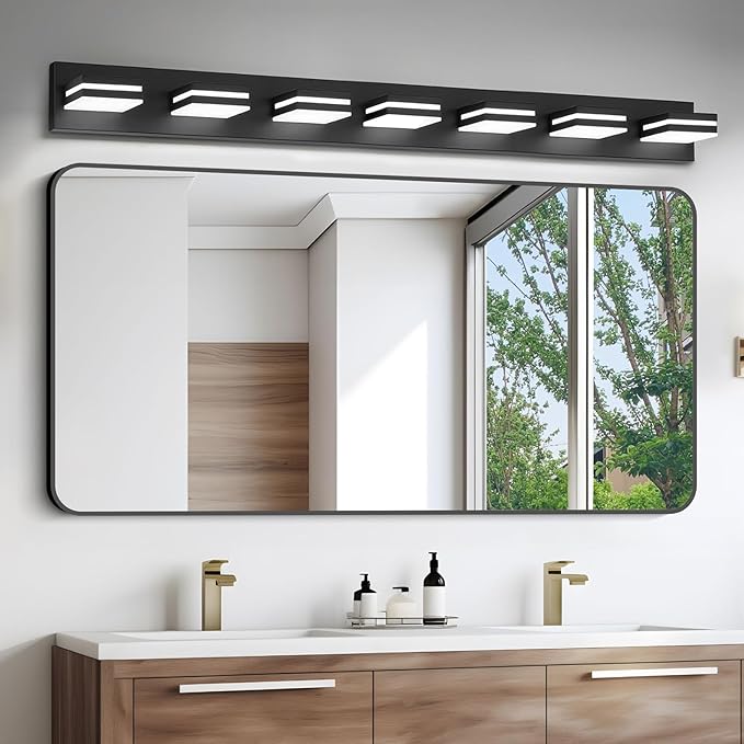 IZORRO LED Modern Bathroom Lights Fixtures(7-Light,Dimmable,360°Rotate),Matte Black Acrylic Wall Lighting,Vanity Lights for Bathroom Over Mirror - 6000k 40In （No Assembly Required）