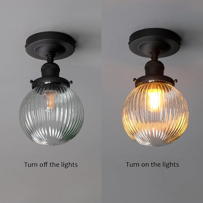 PERMO Semi Flush Mount Ceiling Light with 5.9" Globe Ribbed Glass Lampshade Vintage Matte Black Small Ceiling Light Fixture for Entry Way Bedroom Bathroom Porch