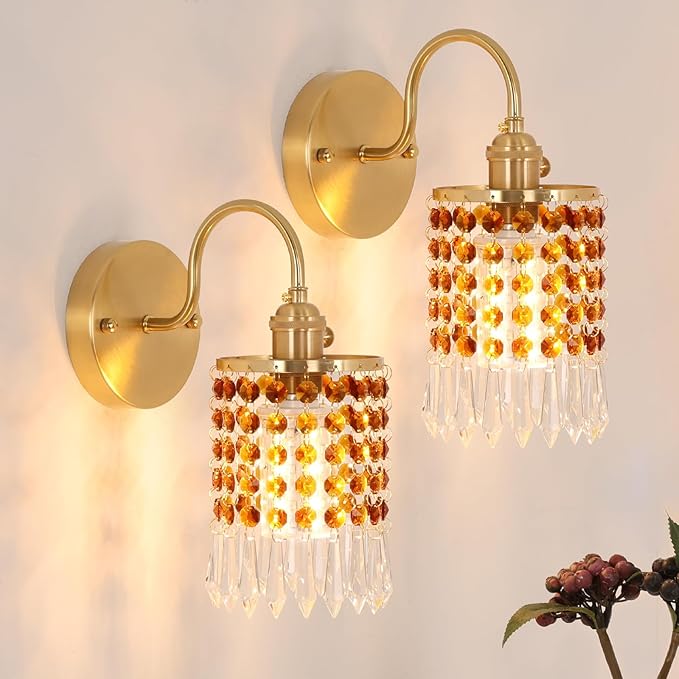 Shenmoyl Set of 2 Crystal Battery Operated Wall Sconce, Rechargeable Battery Powered Wall Lamp with Remote Control, Modern Dimmable Wall Lights for Bedroom Bathroom(Tawny, Gold Base)
