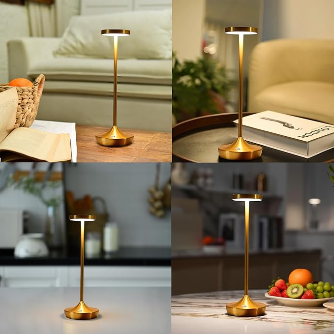 Gold Cordless Table Lamp, Rechargeable 6000mAh Battery LED Desk Lamp, Portable Metal Touch Lamp with 3-Level Dimming, Waterproof Light for Restaurant, Dining Table, Patio & Home Decor(Gold)
