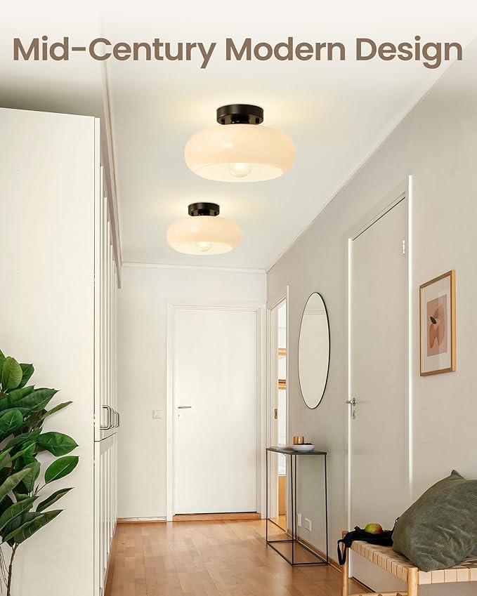Yunnix Semi Flush Mount Ceiling Light, Black Light Fixture, Mid-Century Modern Farmhouse Milk Glass Small Light Fixtures for Hallway, Bathroom, Kitchen, Bedroom, Living Room, Closet, Laundry(11 Inch)