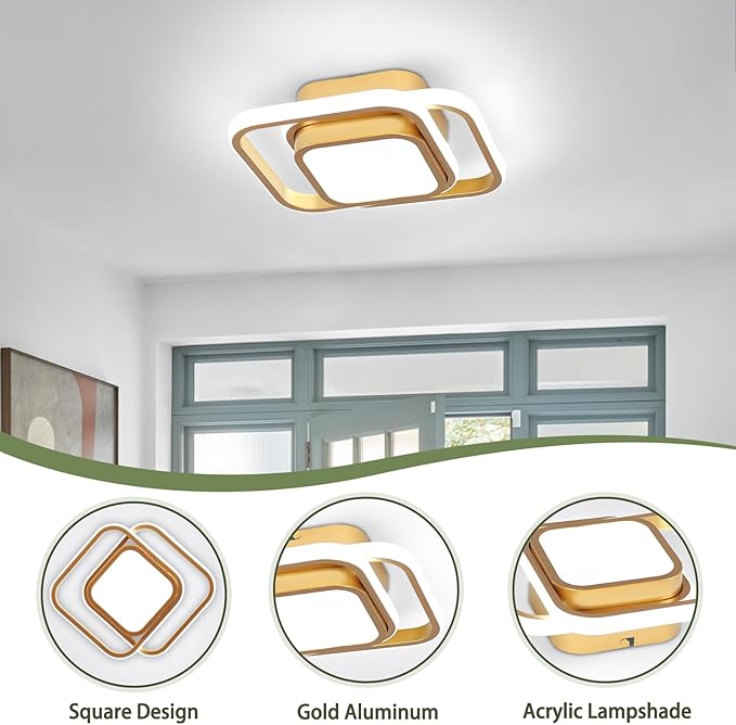 CANEOE Gold Modern Ceiling Light,Small Square Hallway Ceiling Lamp Cool White 6000K Ceiling Lighting Fixtures for Hallway Bedroom Kitchen Living Room Laundry Room Corridor Ceiling Lights