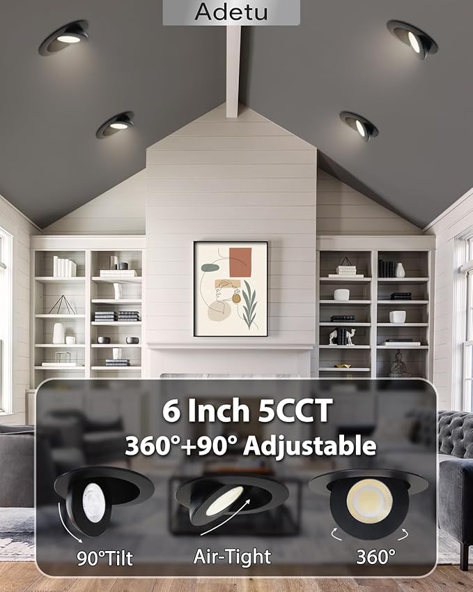 Adetu 5CCT Gimbal Black Led Recessed Lighting 6 inch, 360°+90° Adjustable Directional 6 inch Led Recessed Light, 2700K-5000K Dimmable Eyeball Canless Downlight with Jbox, ET (Black, 6 Pack)