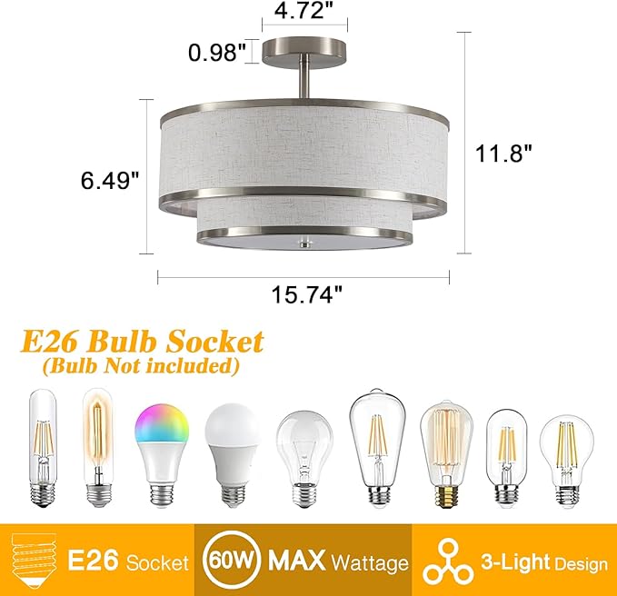 Semi Flush Mount Ceiling Light, 3-Light Double Drum Ceiling Light Fixture with Fabric Shade, Farmhouse Chandelier Dining Room Light Fixture for Bedroom, Kitchen, Hallway (Brushed Nickel)
