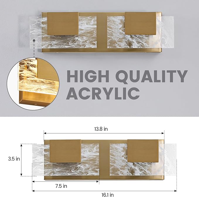LED Bathroom Vanity Light: 16 inch Brushed Gold Acrylic Modern Lighting Fixtures - 2 Lights Contemporary Smoke Design Wall Lights Fixture Over Mirror 3000K
