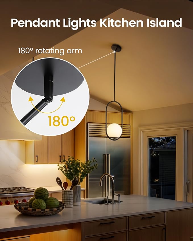 Yunnix Pendant Lights Kitchen Island, Pendant Light Fixtures, 2 Pack Modern Black Globe Glass Pendant Lighting, Mid Century Chandelier One Light for Bathroom Bedroom Dining Room