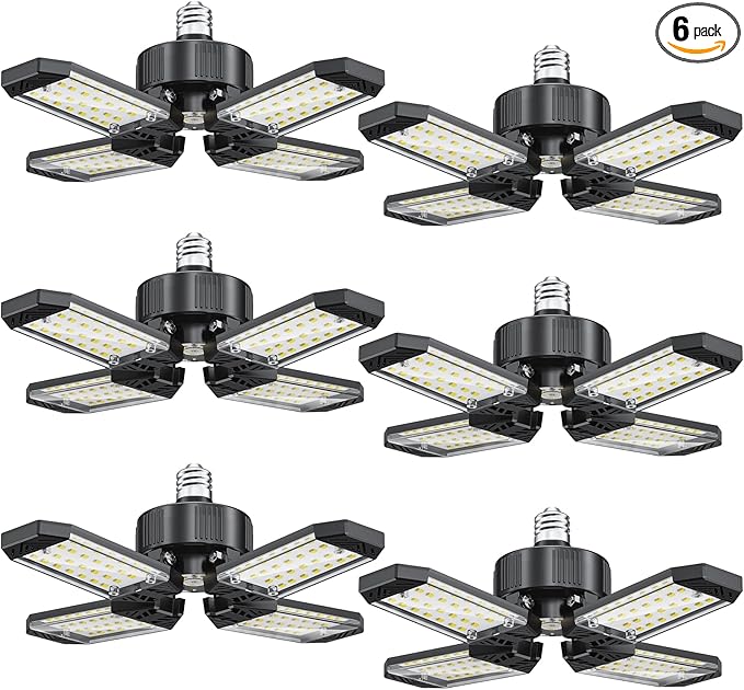 LED Garage Lights 6 Pack - 120W Garage Lights Ceiling LED 12000LM with 4+1 Adjustable Panels, Shop Lighting 6500K Screw in E26 E27 Socket, for Workshop Shop Barn Basement Bay
