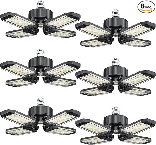 LED Garage Lights 6 Pack - 120W Garage Lights Ceiling LED 12000LM with 4+1 Adjustable Panels, Shop Lighting 6500K Screw in E26 E27 Socket, for Workshop Shop Barn Basement Bay
