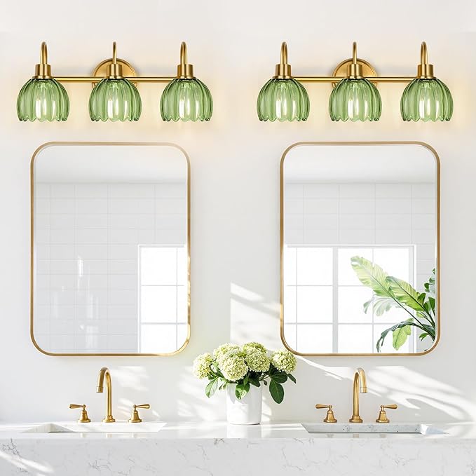 Bathroom Light Fixtures (3-Light, 20 in), Brushed Gold Vanity Lights for Bathroom with Ribbed Green Tulip Glass Shade, Vintage Vanity Wall Lights for Mirror Bedroom Living Room Hallway
