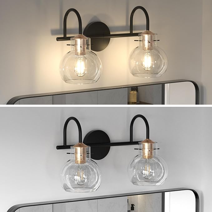 2 Light Bathroom Vanity Light, Black and Red Copper Bathroom Light Fixtures Over Mirror, Modern Copper Vanity Fixtures with Clear Glass Shade, Black Wall Sconce for Living Room