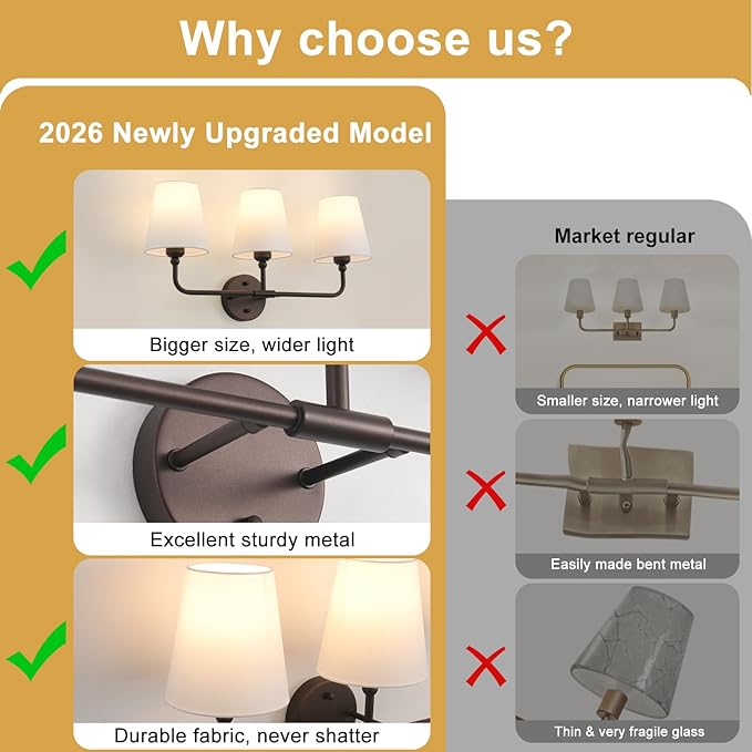 Bathroom Light Fixtures, 3-Light Oil Rubbed Bronze Vanity Lights, 24.5" Bathroom Lighting Fixtures Over Mirror with White Fabric Shade, Modern Wall Sconces for Bedroom Living Room Hallway