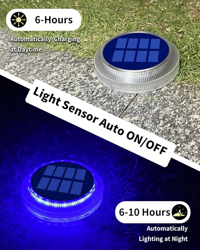 DetarZinLED 6 Packs Solar Driveway Lights, Blue Dock Deck Lights Solar Powered Outdoor IP68 Waterproof, Stick on Light for Step, Stair, Driveway, Pool, Pathway, Walkway, Patio